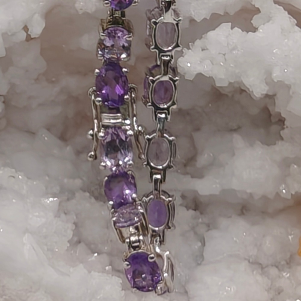 Signed CN 925 Sterling Silver Two Tone Amethyst Tennis Bracelet 7 Inch Purple - Picture 3 of 8